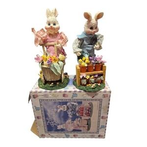Vintage 12" Fabric Mache Spring Bunnies w/ Easter Chicks & Tulips - Set of 2